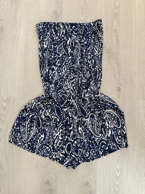 Ariella Blue and White Paisley Strapless Romper